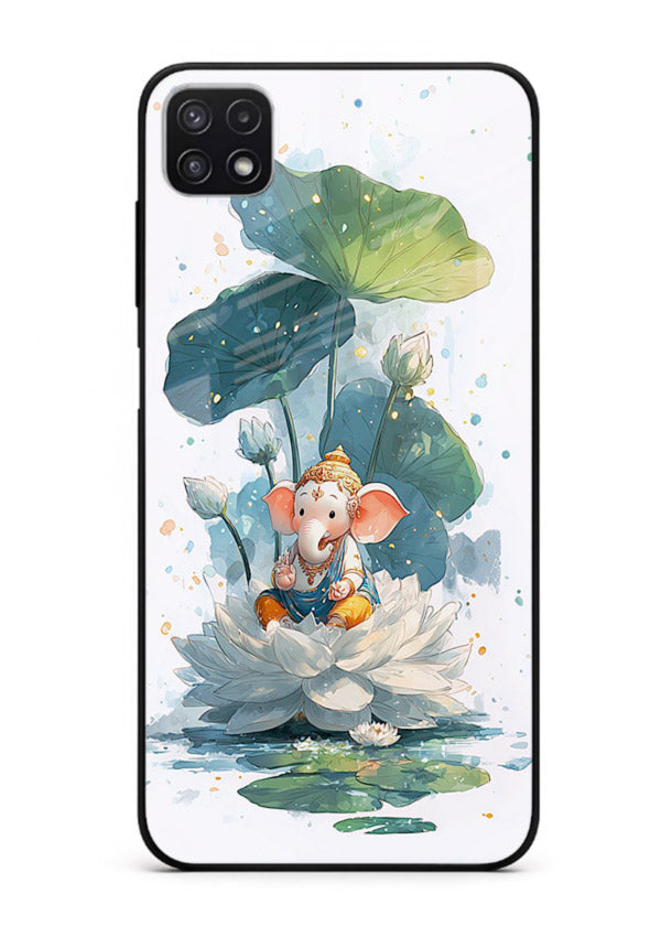 Baby Ganesh lotus artwork Samsung A22 5G mobile glass back cover