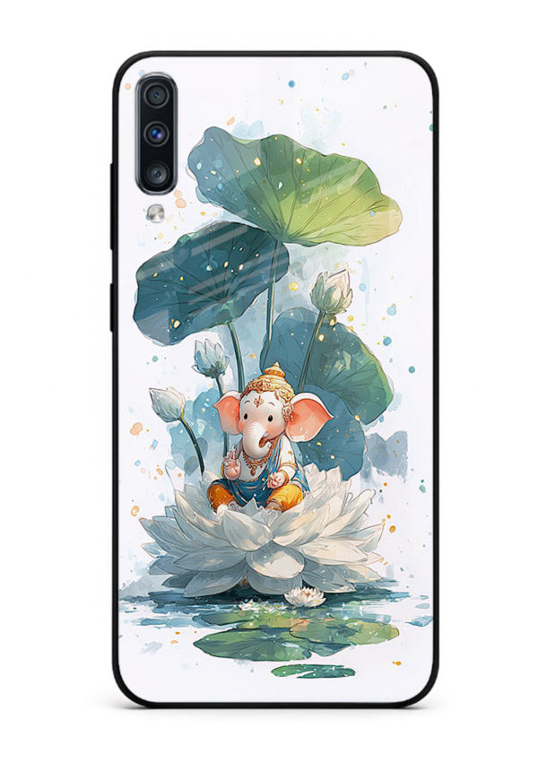 Baby Ganesh lotus artwork Samsung A70 mobile glass back cover