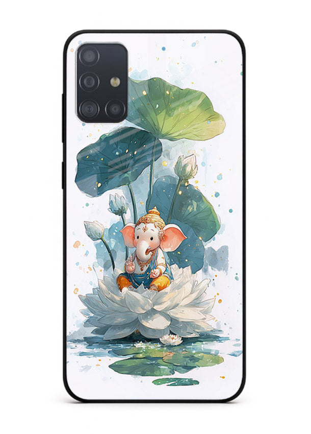 Baby Ganesh lotus artwork Samsung A51 mobile glass back cover