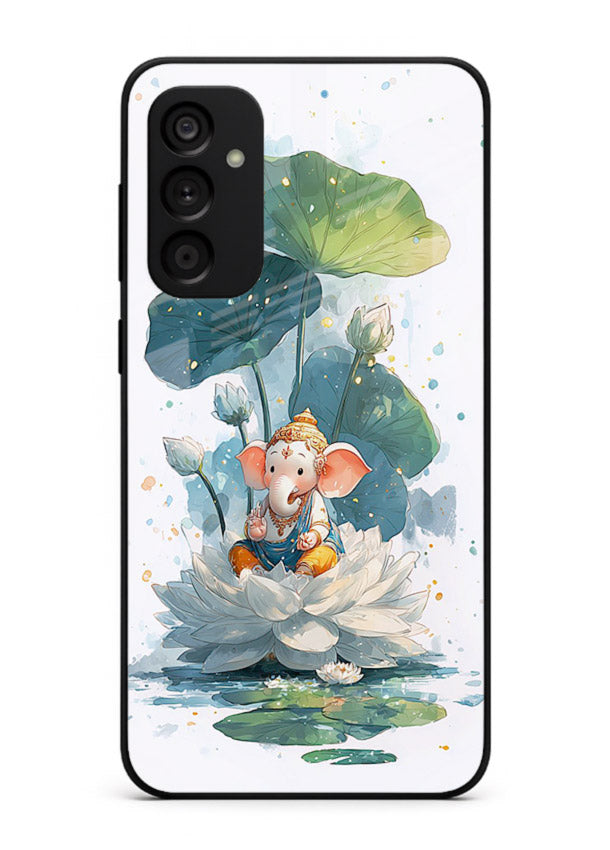Baby Ganesh lotus artwork Samsung M15 5G mobile glass back cover