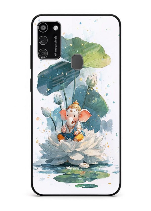 Baby Ganesh lotus artwork Samsung M21 mobile glass back cover