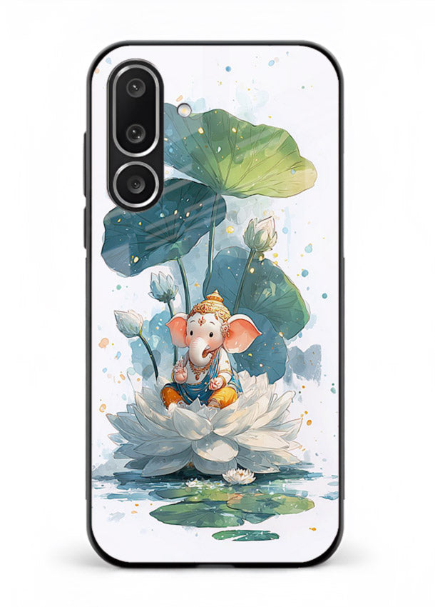 Baby Ganesh lotus artwork Samsung M56 5G mobile glass back cover