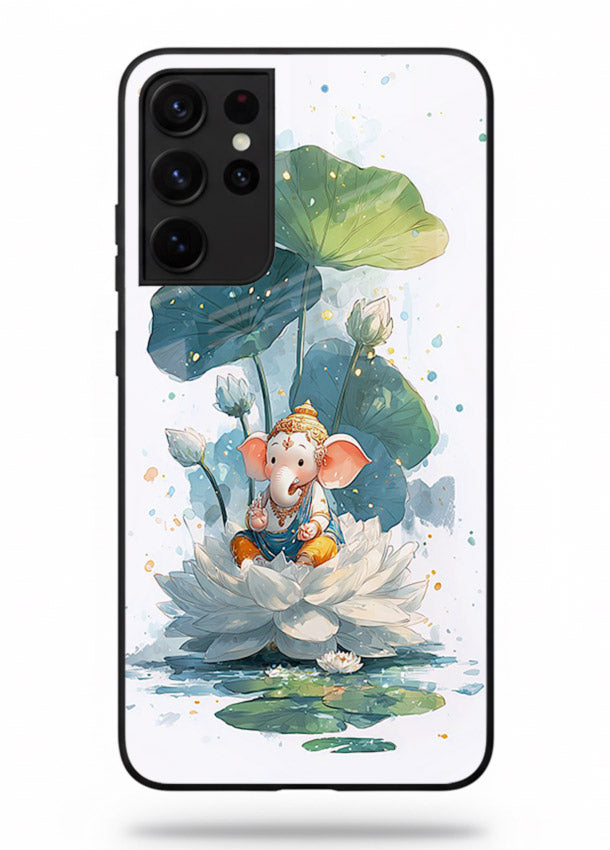 Baby Ganesh lotus artwork Samsung S21 Ultra mobile glass back cover
