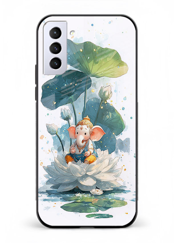 Baby Ganesh lotus artwork Samsung S21 FE mobile glass back cover