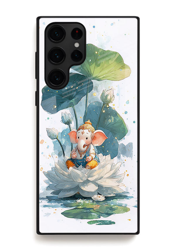 Baby Ganesh lotus artwork Samsung S24 Ultra mobile glass back cover