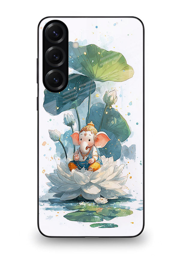 Baby Ganesh lotus artwork Samsung S23 FE mobile glass back cover