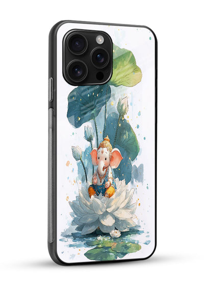 Baby Ganesh lotus artwork glossy vibrant premium mobile glass back cover - Angle Side