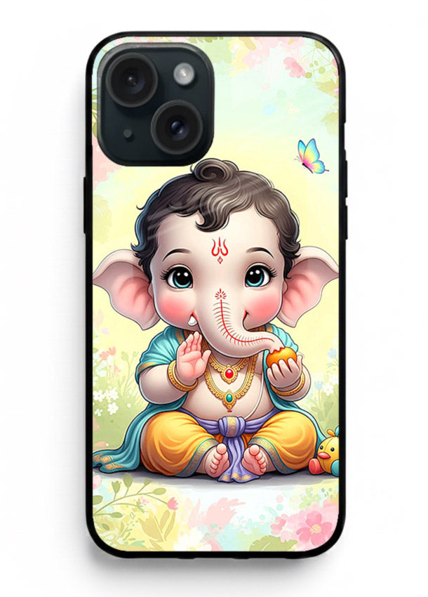 Baby Ganesha joyful cartoon blessing iphone 15 plus glass back sacred cover