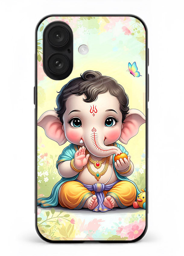 Baby Ganesha joyful cartoon blessing iphone 18 glass back sacred cover