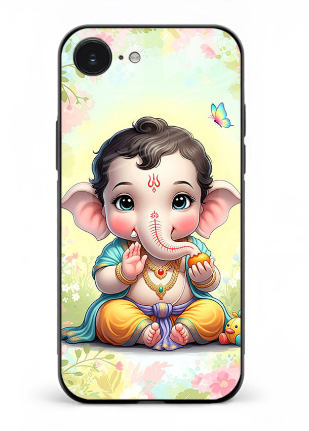 Baby Ganesha joyful cartoon blessing iphone 16e glass back sacred cover