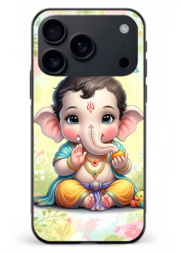 Baby Ganesha joyful cartoon blessing iphone 18 pro max glass back sacred cover
