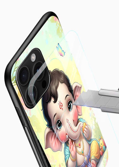 Baby Ganesha joyful cartoon blessing glossy vibrant premium glass back sacred cover - Angle Blade