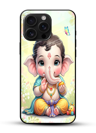 Baby Ganesha joyful cartoon blessing glossy vibrant premium glass back sacred cover - Angle Front