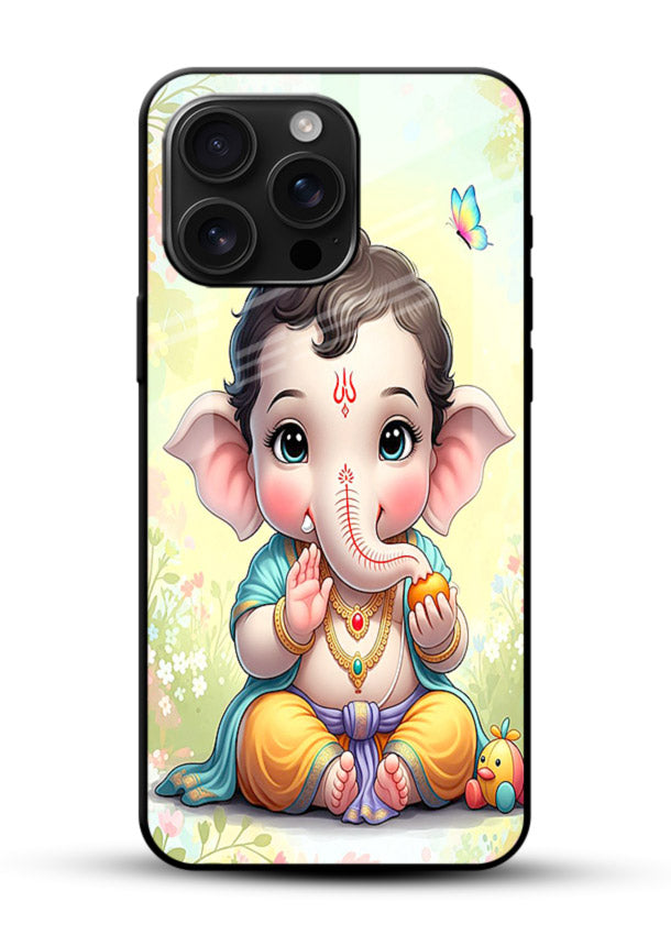 Baby Ganesha joyful cartoon blessing glossy vibrant premium glass back sacred cover - Angle Front