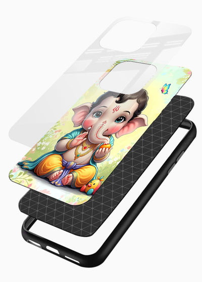 Baby Ganesha joyful cartoon blessing glossy vibrant premium glass back sacred cover - Angle Layers