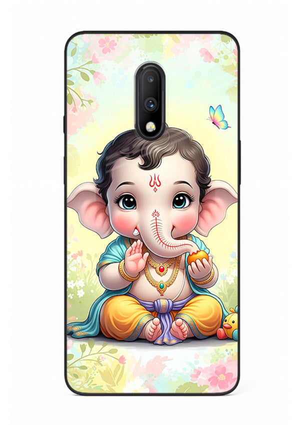Baby Ganesha joyful cartoon blessing OnePlus 7 glass back sacred cover