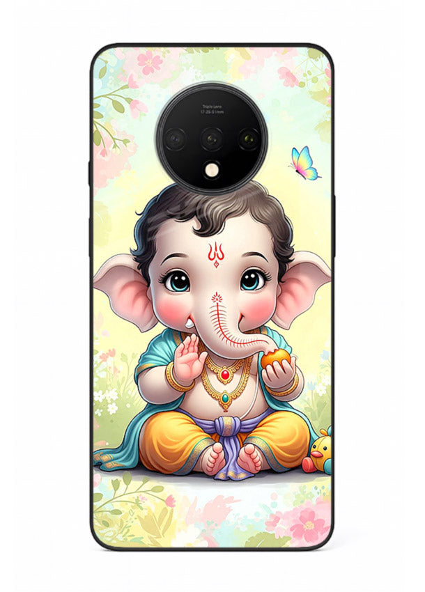 Baby Ganesha joyful cartoon blessing OnePlus 7T glass back sacred cover