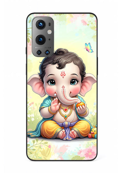 Baby Ganesha joyful cartoon blessing OnePlus 9 glass back sacred cover
