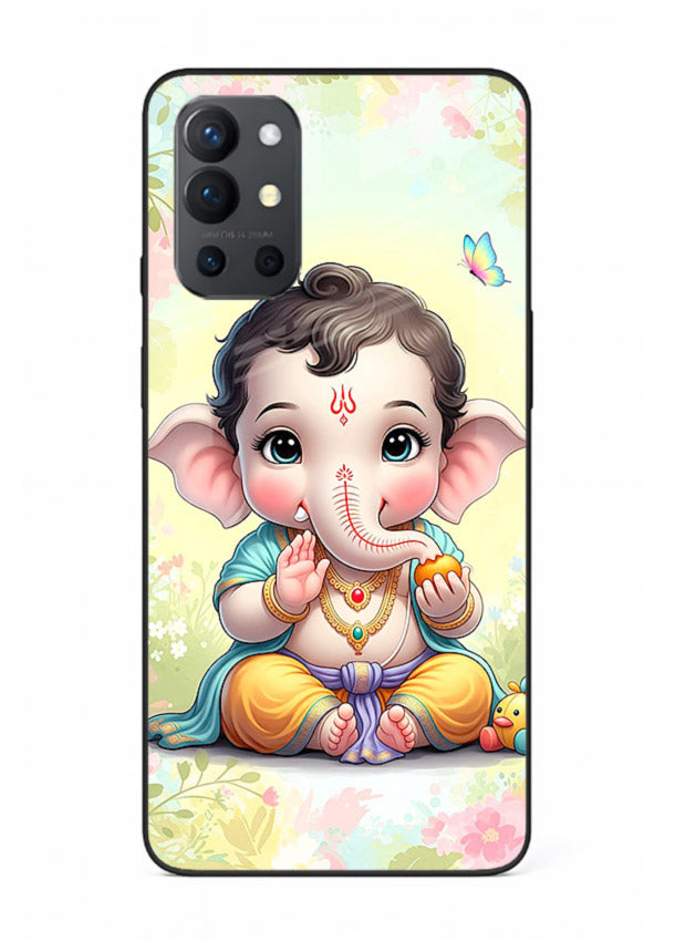 Baby Ganesha joyful cartoon blessing OnePlus 9R glass back sacred cover
