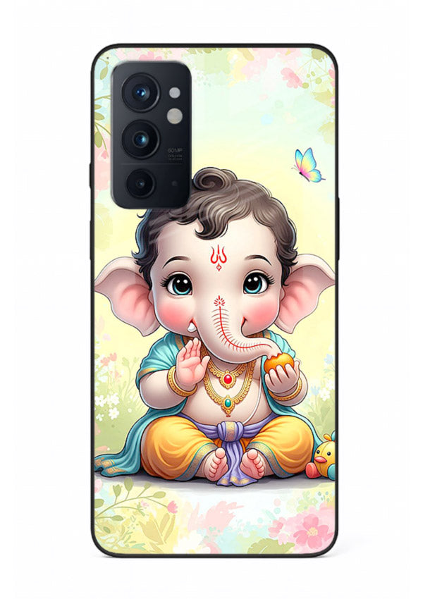 Baby Ganesha joyful cartoon blessing OnePlus 9RT glass back sacred cover