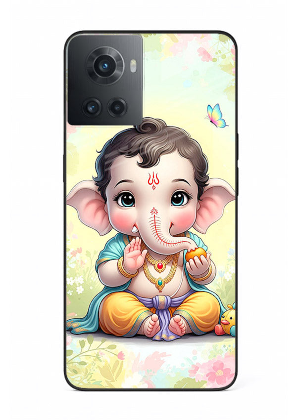 Baby Ganesha joyful cartoon blessing OnePlus 10R glass back sacred cover