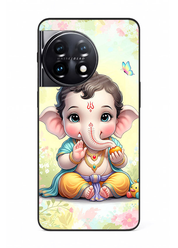 Baby Ganesha joyful cartoon blessing OnePlus 11R glass back sacred cover