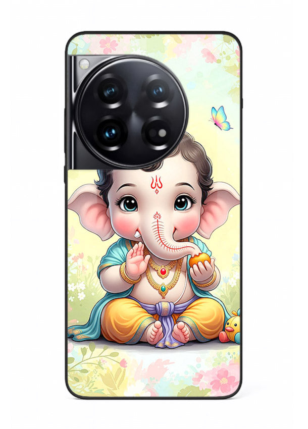 Baby Ganesha joyful cartoon blessing OnePlus 12 glass back sacred cover