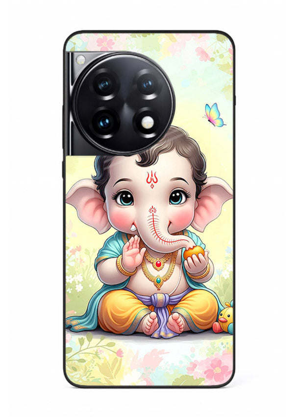Baby Ganesha joyful cartoon blessing OnePlus 12R glass back sacred cover