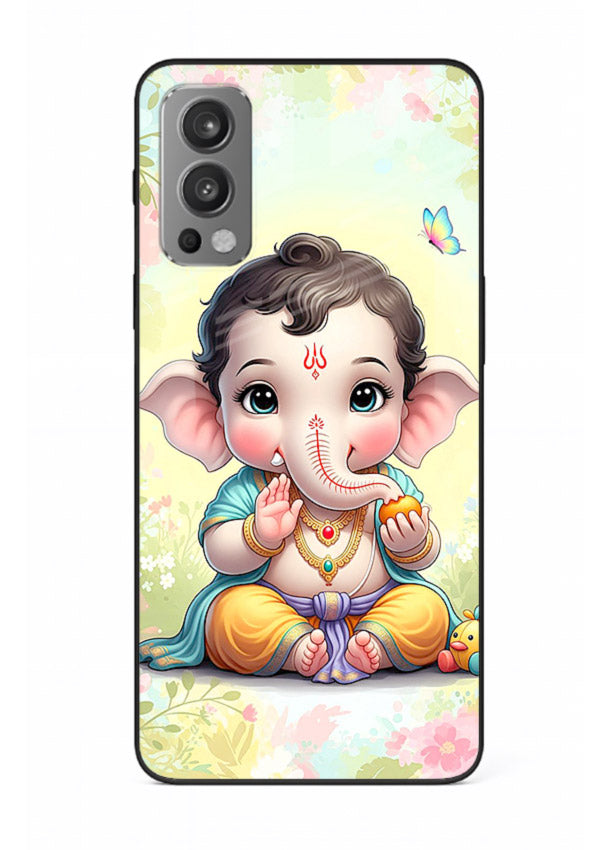 Baby Ganesha joyful cartoon blessing OnePlus Nord 2 glass back sacred cover