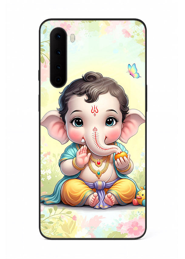 Baby Ganesha joyful cartoon blessing OnePlus Nord glass back sacred cover