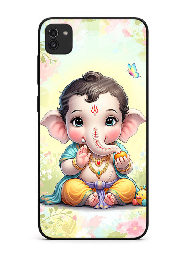 Baby Ganesha joyful cartoon blessing Samsung A03 glass back sacred cover