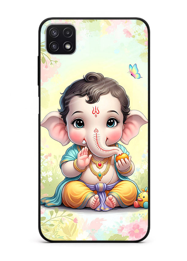 Baby Ganesha joyful cartoon blessing Samsung F42 5G glass back sacred cover
