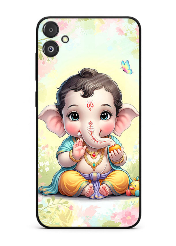 Baby Ganesha joyful cartoon blessing Samsung F05 5G glass back sacred cover