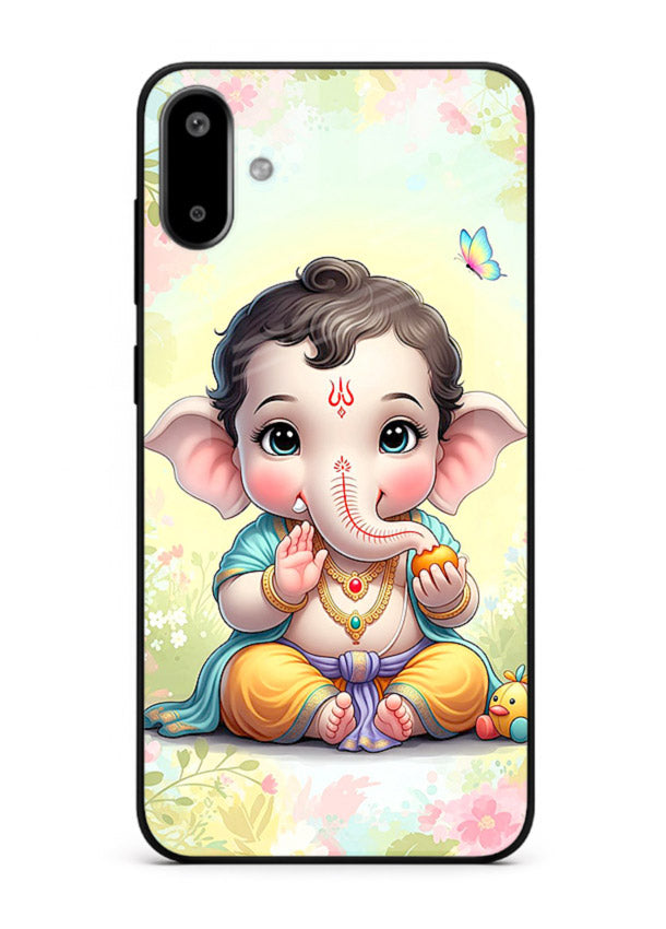 Baby Ganesha joyful cartoon blessing Samsung F06 5G glass back sacred cover