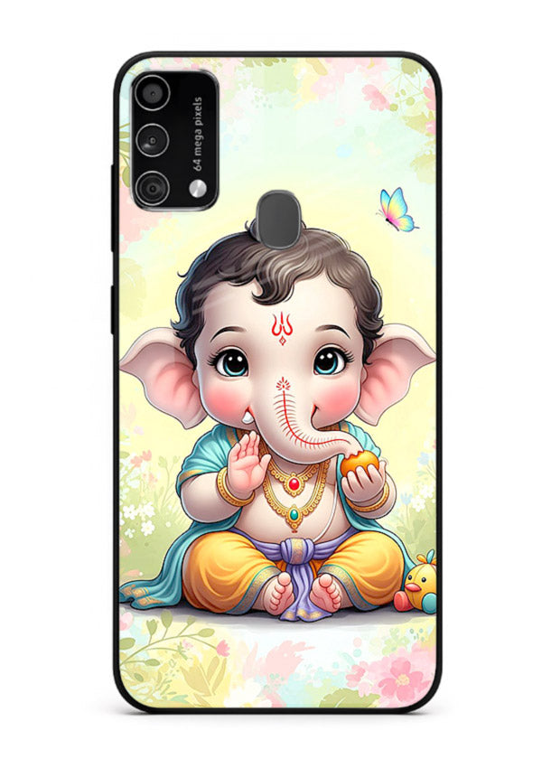Baby Ganesha joyful cartoon blessing Samsung F41 glass back sacred cover