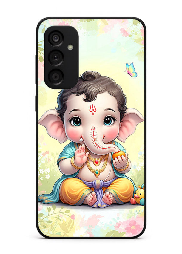 Baby Ganesha joyful cartoon blessing Samsung F54 5G glass back sacred cover