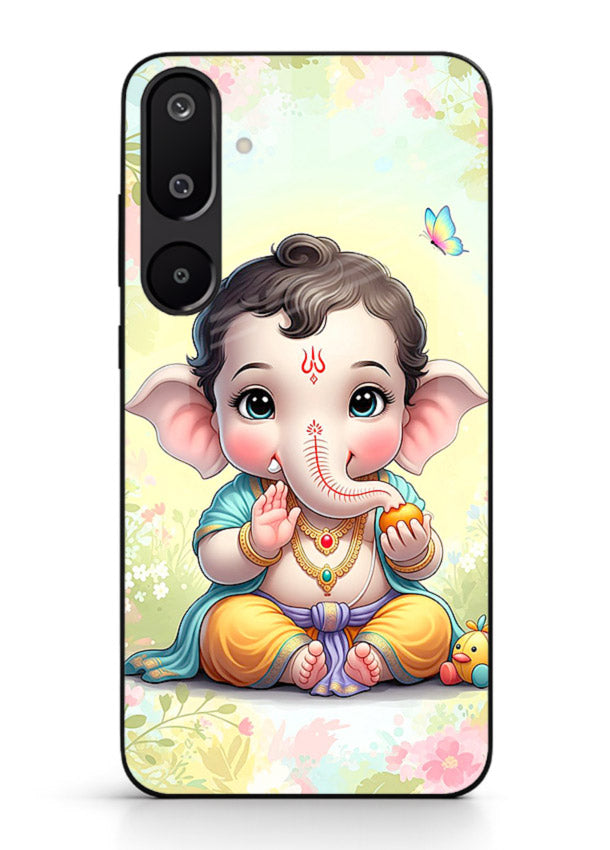 Baby Ganesha joyful cartoon blessing Samsung F16 5G glass back sacred cover