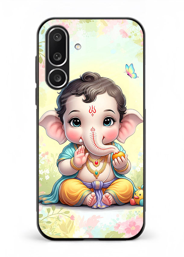 Baby Ganesha joyful cartoon blessing Samsung M36 5G glass back sacred cover