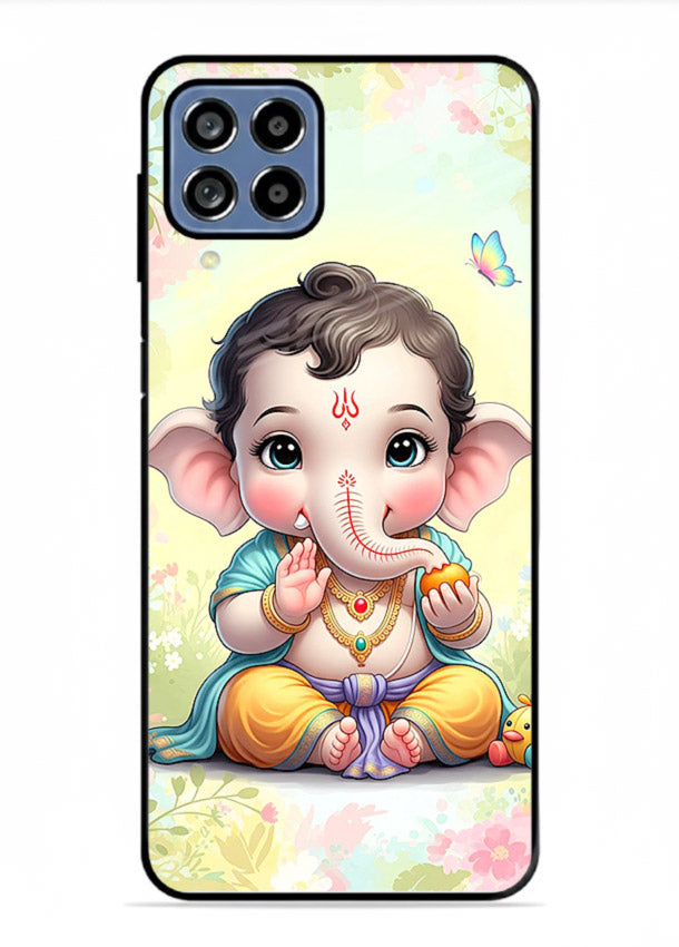 Baby Ganesha joyful cartoon blessing Samsung F22 4G glass back sacred cover