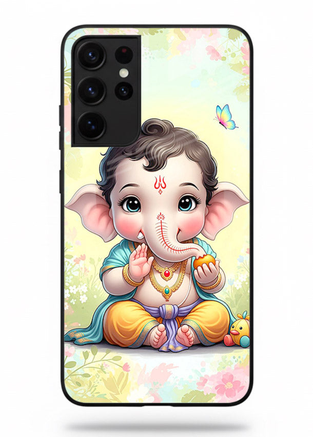 Baby Ganesha joyful cartoon blessing Samsung S21 Ultra glass back sacred cover