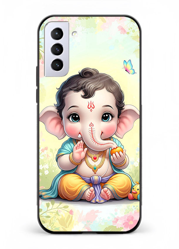 Baby Ganesha joyful cartoon blessing Samsung S21 Plus glass back sacred cover