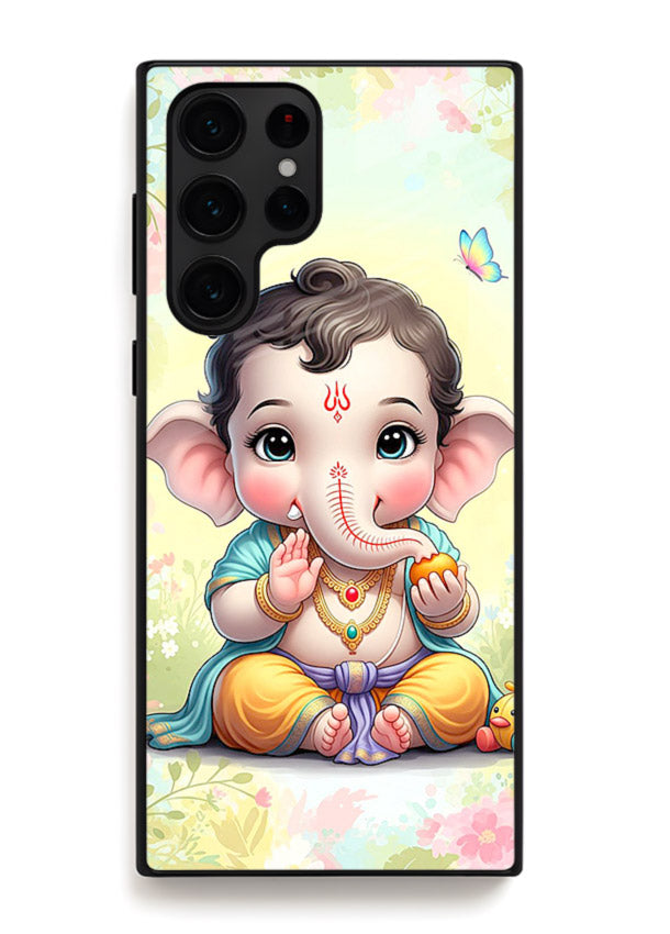 Baby Ganesha joyful cartoon blessing Samsung S24 Ultra glass back sacred cover