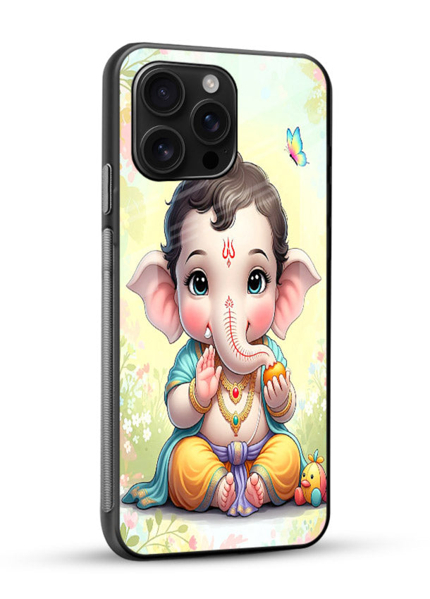Baby Ganesha joyful cartoon blessing glossy vibrant premium glass back sacred cover - Angle Side