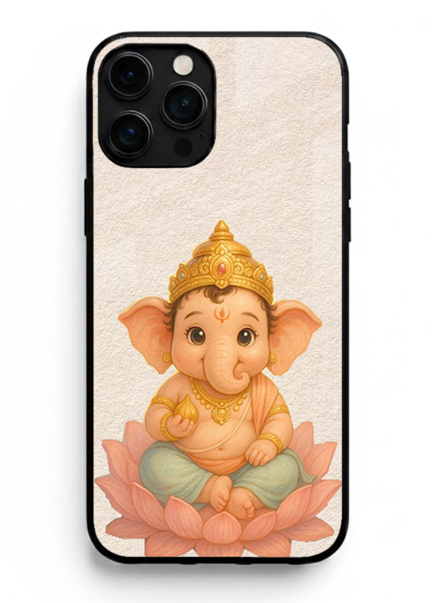 Baby Ganesha sitting on lotus iphone 15 pro max glass back cover blessing theme