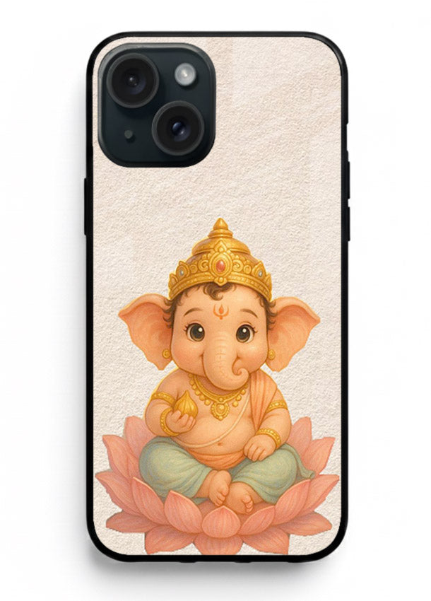 Baby Ganesha sitting on lotus iphone 13 mini glass back cover blessing theme