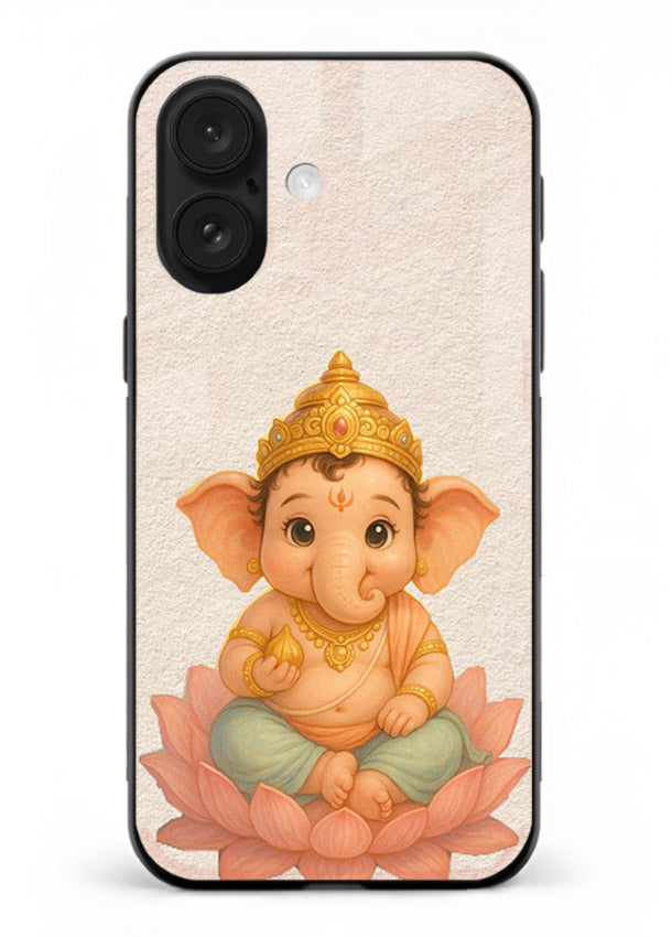 Baby Ganesha sitting on lotus iphone 18 glass back cover blessing theme