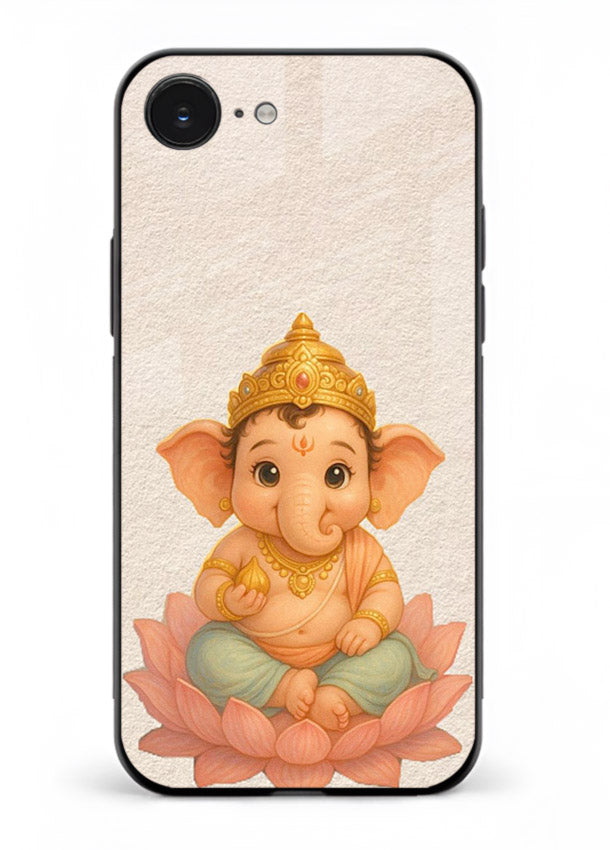 Baby Ganesha sitting on lotus iphone 16e glass back cover blessing theme