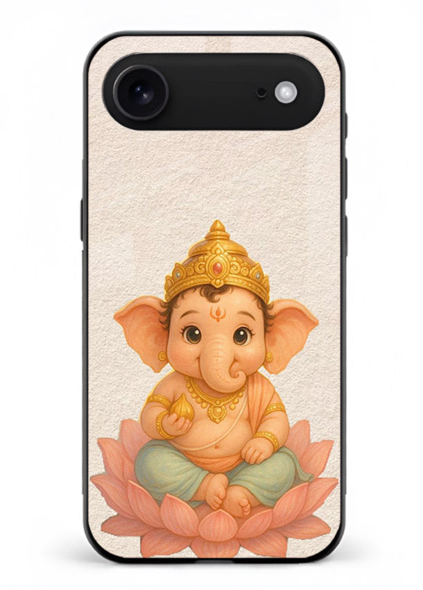 Baby Ganesha sitting on lotus iphone 17 air glass back cover blessing theme
