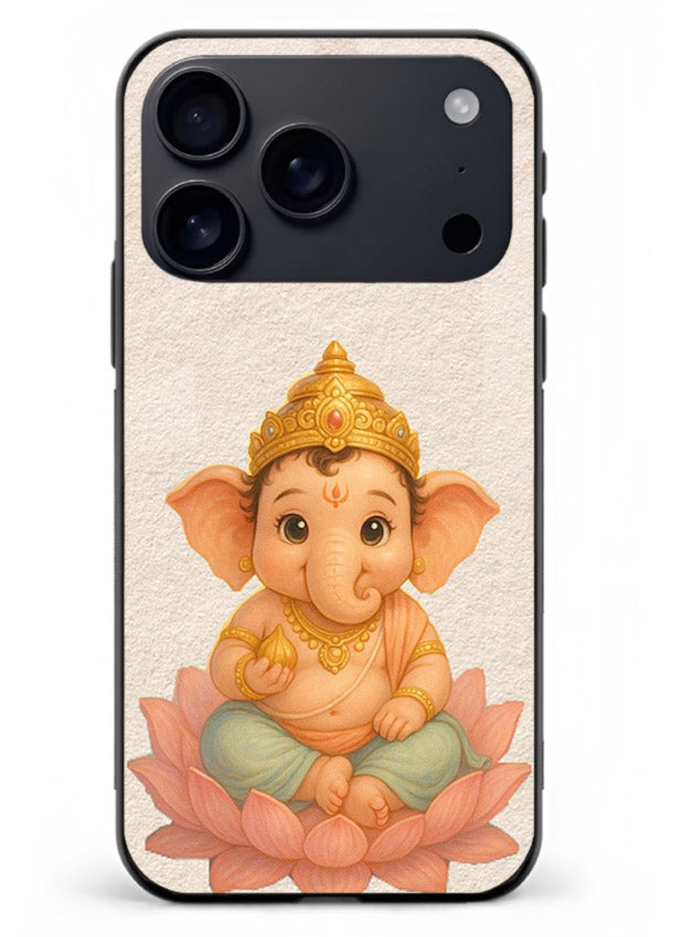 Baby Ganesha sitting on lotus iphone 17 pro max glass back cover blessing theme