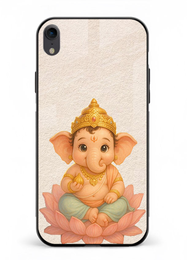 Baby Ganesha sitting on lotus iphone xr glass back cover blessing theme